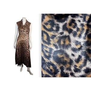 Vintage 60s Alice of California Leopard Print Satin Cowl Neck Long Dress sz XS/S